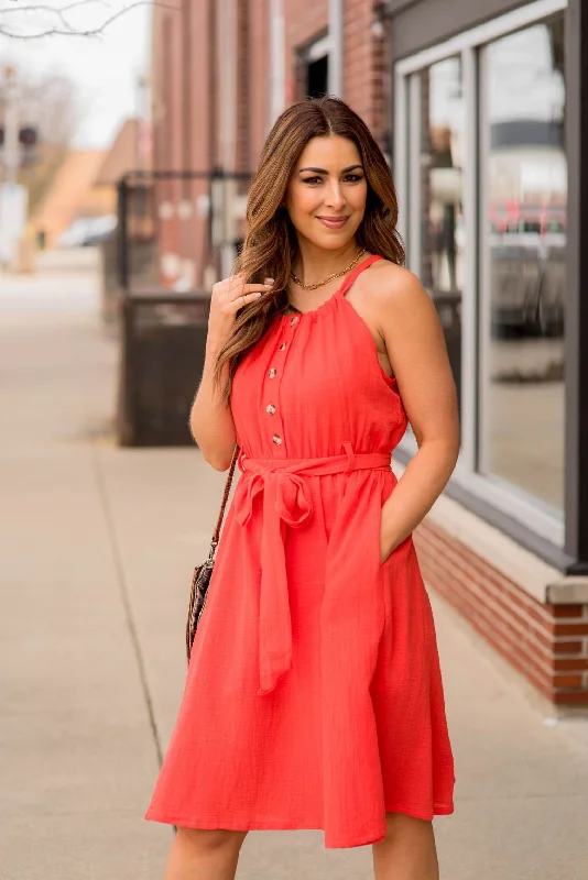 Button Accented Halter Tank Dress