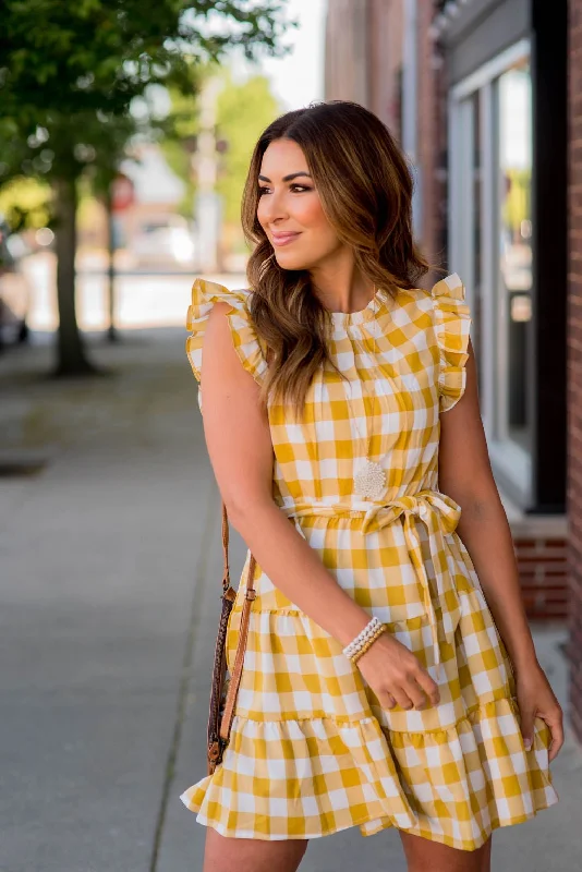 Gingham Tiered Ruffle Trim Dress