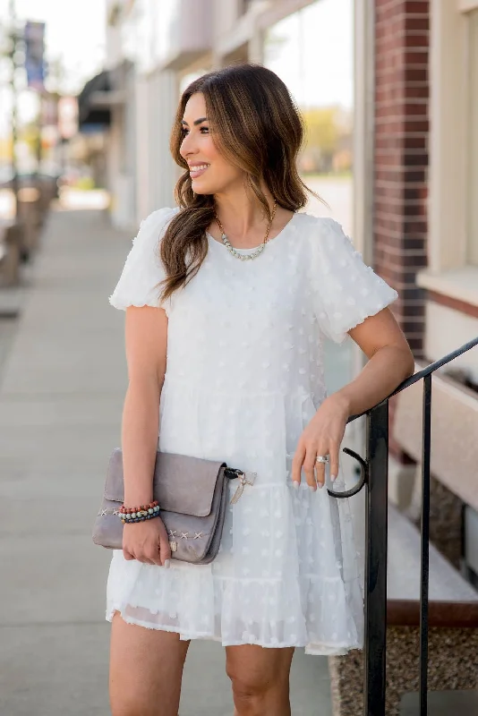 Textured Dot Puff Sleeve Tiered Dress