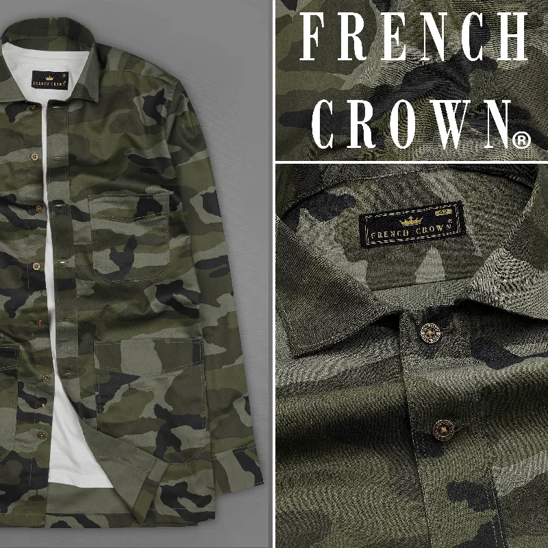 Iridium Green with Mirage Black Camouflage Printed Royal Oxford Designer Overshirt/Shacket