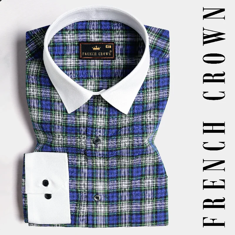 Lapis Blue and Teal Green Plaid with White Cuffs and Collar Premium Cotton Shirt